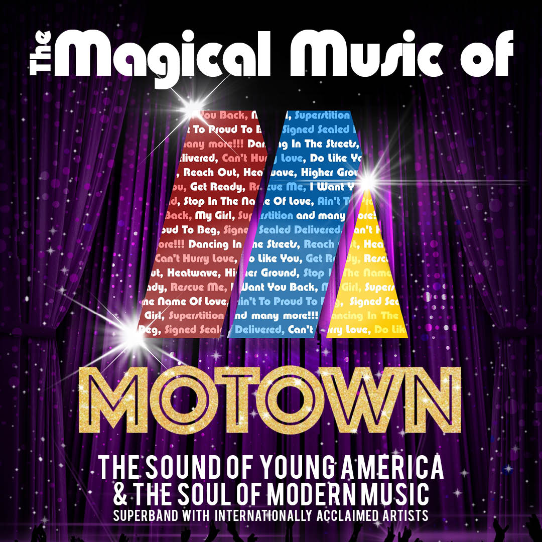 purple curtain background with a logo, text reads the magical music of motown