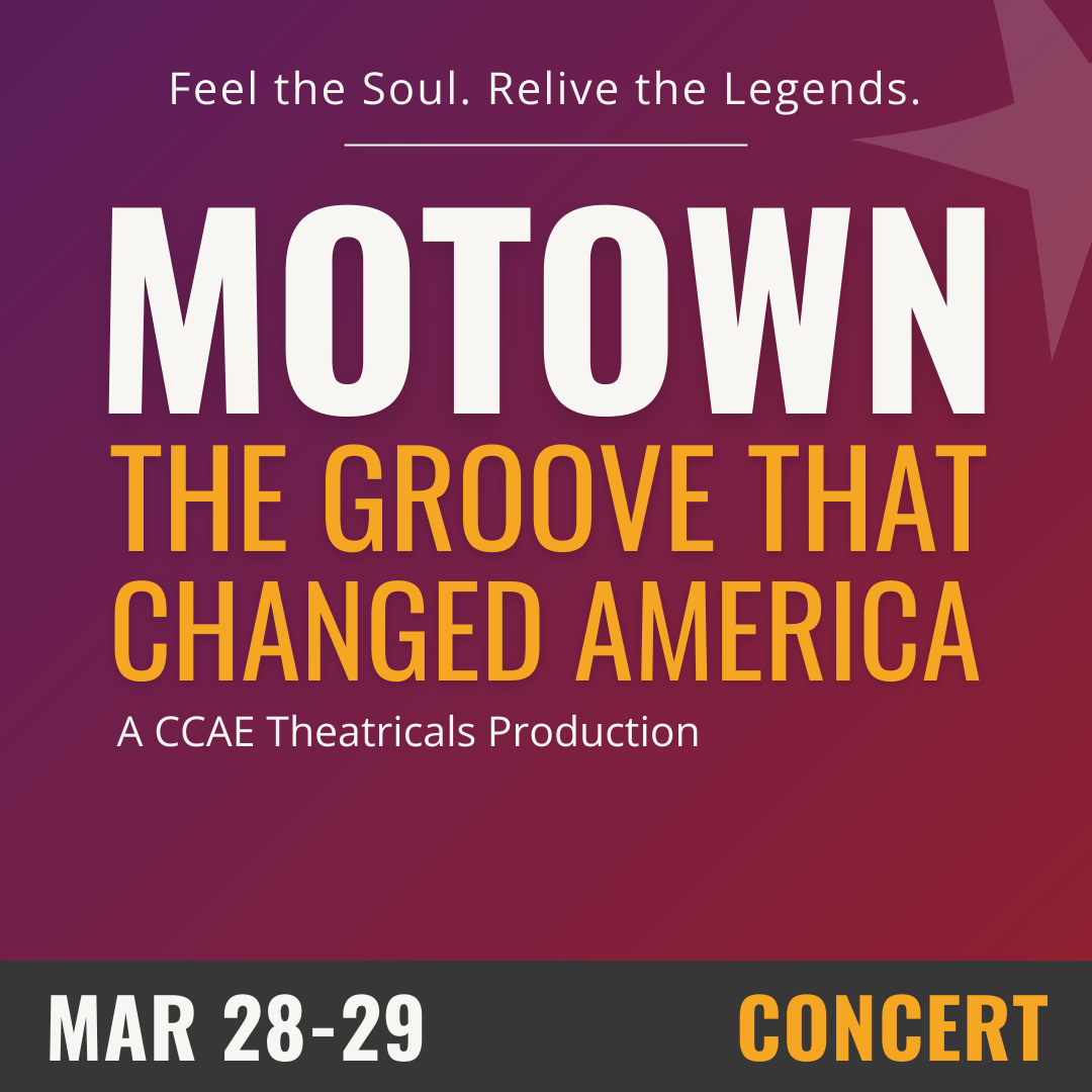 Purple background with white and yellow text that reads Motown: The Groove that Changed America. March 28-29, Concert. 