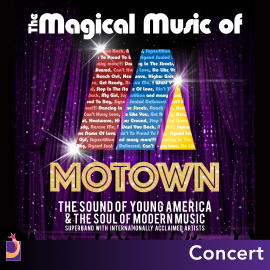 purple curtain backdrop text reads the magical music of motown