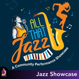Graphics of jazz singers, dancers, and instruments.