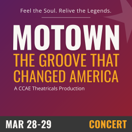 Purple background with white and yellow text that reads Motown: The Groove that Changed America. March 28-29, Concert. 